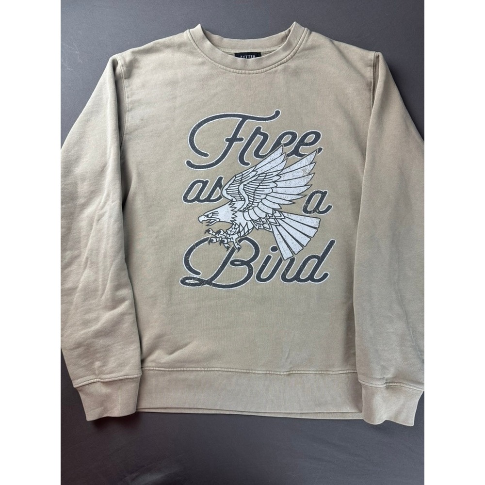 Zutter Sweatshirt Women Size S Tan Good Free as a Bird Eagle Graphic Crew Neck